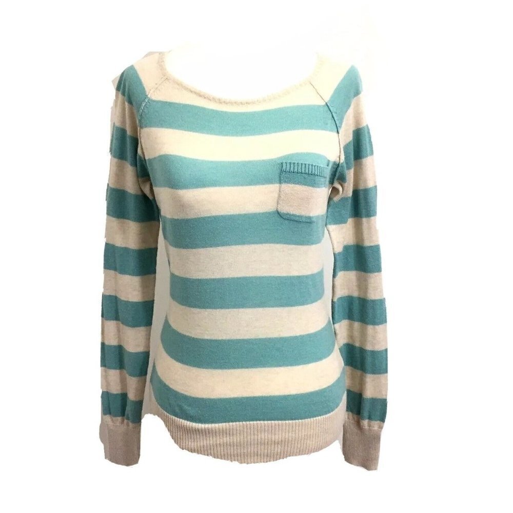 Papaya Women’s Small Long Sleeve Fine Knit Pullover Sweater Top Aqua Off White